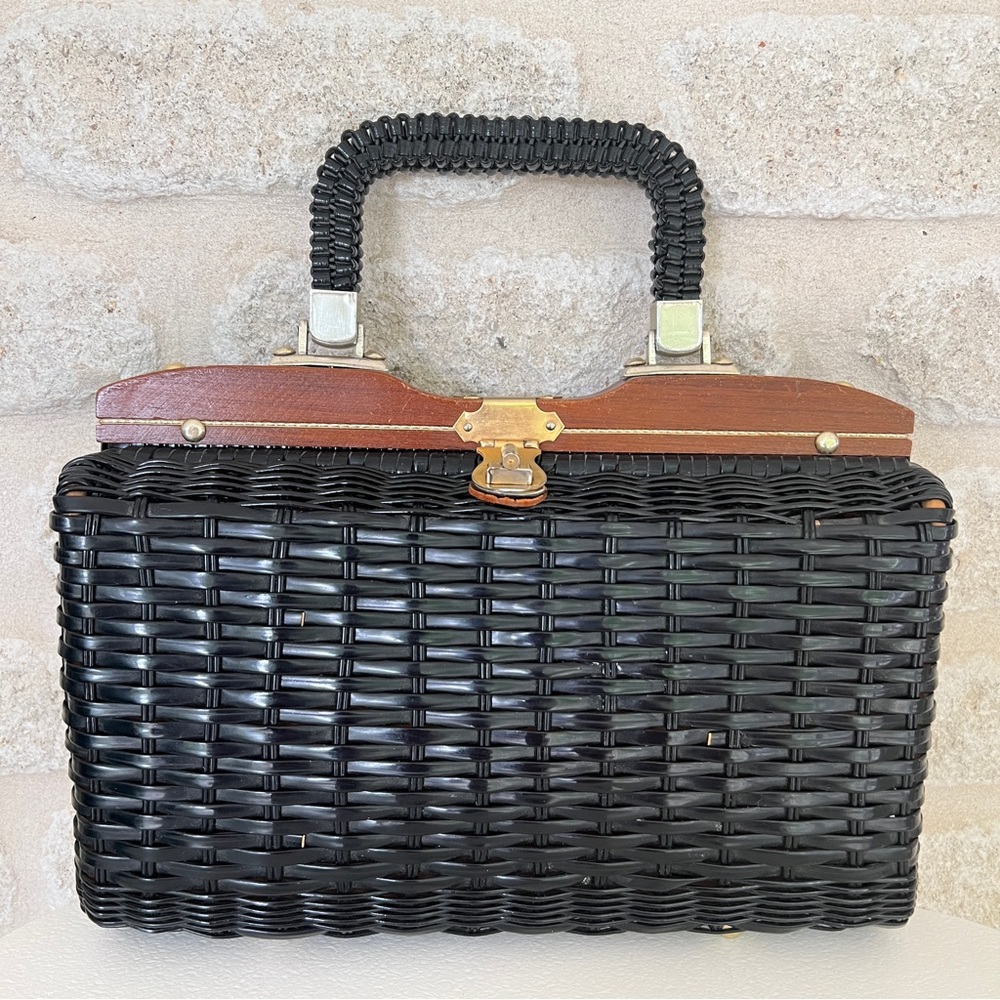 Vintage wicker box purse black vinyl woven large